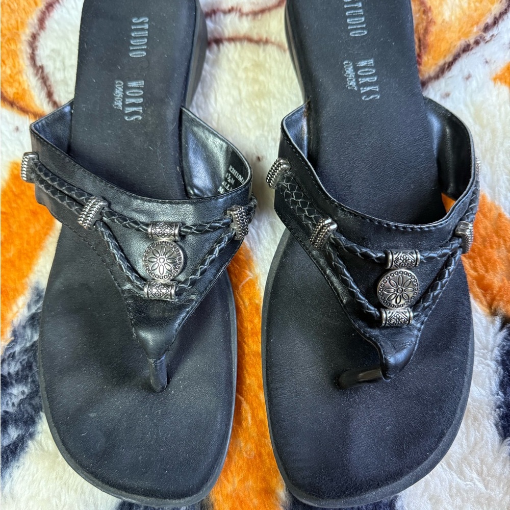 Studio Works Black Braided Mandy Sandals W/Silver Trim, Size 8.5